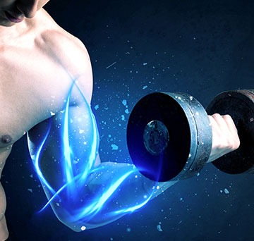 Man exercises by curling dumbbell